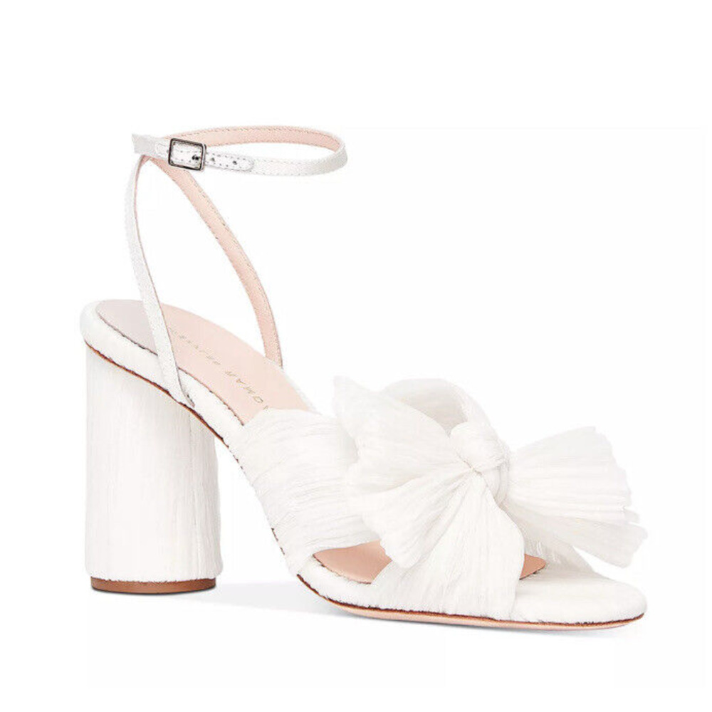 Loeffler Randall Camellia Sandals Pearl White Pleated Bow Heels Sz 7.5 - Picture 2 of 13